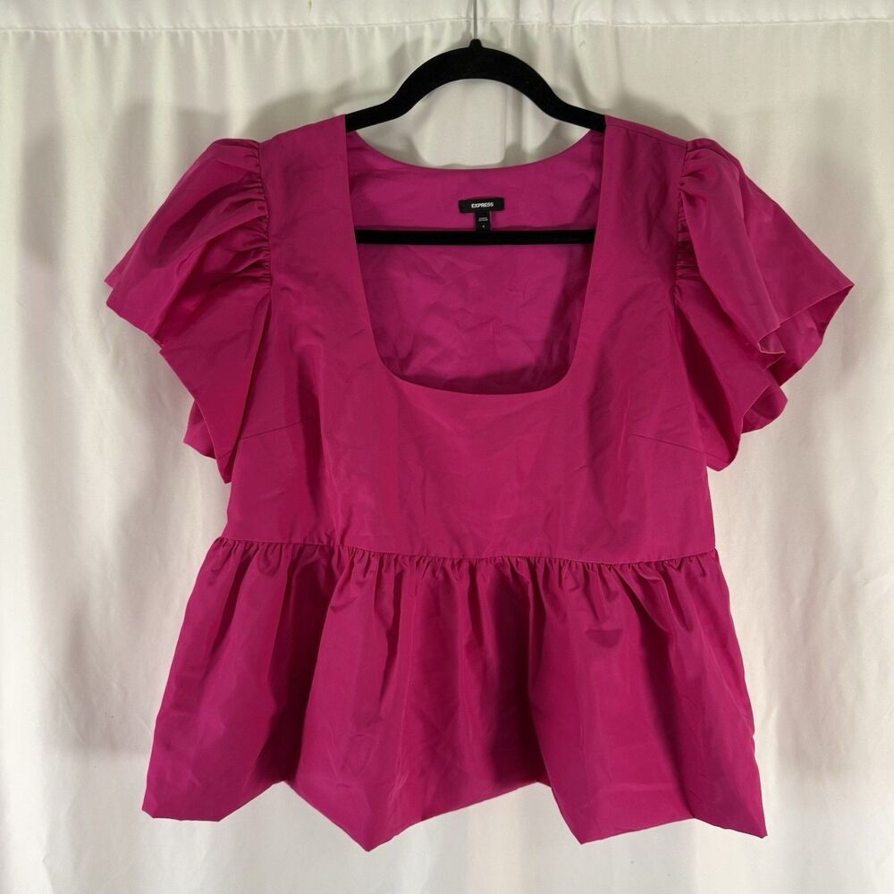 Express Blouse Women's Large Hot Pink Short Sleeve Deep Round Neck Pullover